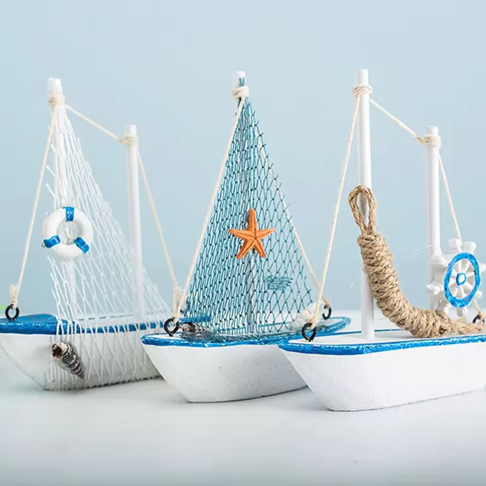 1pc Mini Mediterranean Style Marine Nautical Wooden Blue Sailing Boat Ship Wood Crafts Ornaments Party Room Home Decoration