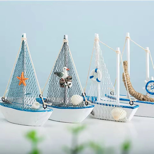 1pc Mini Mediterranean Style Marine Nautical Wooden Blue Sailing Boat Ship Wood Crafts Ornaments Party Room Home Decoration