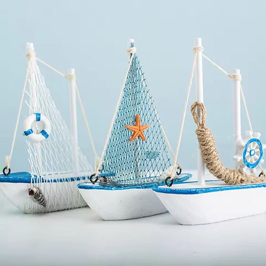 1pc Mini Mediterranean Style Marine Nautical Wooden Blue Sailing Boat Ship Wood Crafts Ornaments Party Room Home Decoration